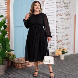 Plus Size Dresses Spring Summer Fashion Solid Color Chiffon Dress Women Sexy Round Neck Long Sleeve Belt Elegant