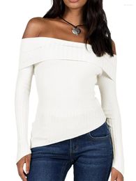 Women's Blouses Women Solid Color Asymmetrical Pullover Tops Streetwear White Blouse Knitted Shirts Slim Fit Long Sleeve Off Shoulder Shirt