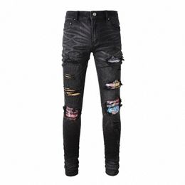 men Cracked Pleated Patches Biker Jeans Streetwear Patchwork Stretch Denim Skinny Pants Holes Ripped Trousers O3nX#