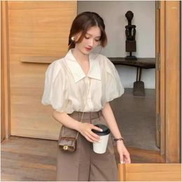 Womens Blouses Shirts 2024 Summer Chiffon Shirt Solid Colour Lapel Loose Bubble Sleeves Office Top Drop Delivery Apparel Clothing Otcpt