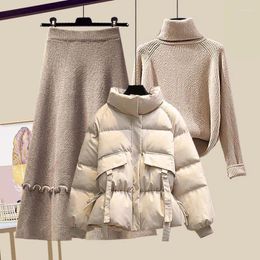 Two Piece Dress 2024 Autumn And Winter Korean High Neck Sweater Down Cotton Jacket Fashion Leisure Three Skirt Suit