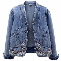short Denim Jacket Vintage Chinoiserie Embroidered Stretch Jacket Women's Spring and Autumn All Match Fi Harajuku Slim Tops F0yr#