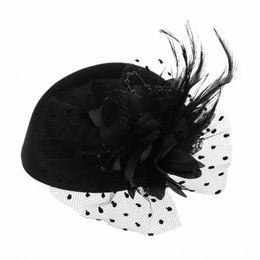 women Fascinator Hat 20s 50s Vintage Solid Colour Pillbox Fr Feather Mesh Veil Wedding Tea Party Headwear C5cU#