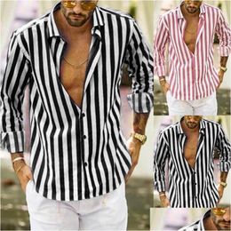 Men'S Casual Shirts Mens Black Loose Fit Top Men Fashio Long Striped Vertical Button Sleeve Dress Down Romper Drop Delivery Apparel C Dhgpk