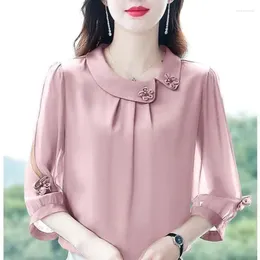 Women's Blouses Summer Doll Neck Chiffon Pullover Bottom Shirt Fashion Elegant Large Solid Splicing Loose Versatile 3/4 Sleeve Tops