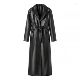 Women's Trench Coats SuperAen European And American Style 2024 Spring Fashion Faux Leather PU Long Coat Windbreaker