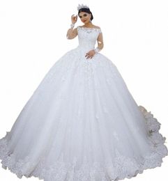 vintage White Lace Wedding Dres Princ Ball Gown Bateau Neck Lg Sleeves Women Formal Bridal Gowns Plus Size Marriage 52oP#