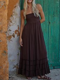 Casual Dresses Womens Summer Boho Cami Maxi Dress Bohemian Low Cut Halter Neck Ruffle Trim A Line Flowy Oversized Slip Long