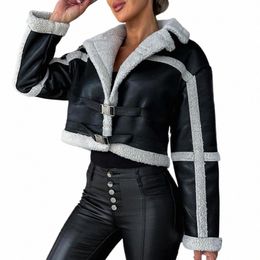 autumn Winter Women Short Faux Leather Jacket Plush Turn-Down Collar Lg Sleeve Cardigan Slim Cropped Hatl Coat 68Wa#