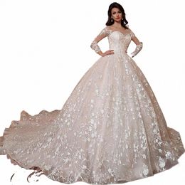 luxury Lace Appliqued Wedding Dres Bridal Gowns 3D Frs Beaded Lg Sleeve Sexy Marriage Dres Vestidos De Novia K0KT#