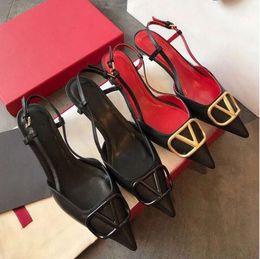 Brand Sandals Women High Heel Shoes Genuine Leather Metal V Buckle 2024 Summer New Pointed Toe Thin Heels 6cm 8cm Wedding With Dust Bags Fashion Shoes 34554