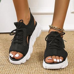 Sandals Women's Summer 2024 Casual Hollow Out Medium Heel Mesh Sport Thick Sole Outdoor Open Toe Beach Female