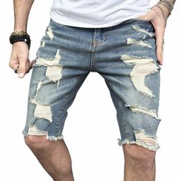 2023 New Summer Men's Knee Length Jeans Casual Ripped Trend Scratch Holes Beggar Shorts Men Large Size Denim Pants 61RP#