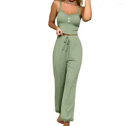 Home Clothing Women Pyjama Set Elegant Lace Drawstring With Low-cut V Neck Tank Top High Elastic Waist Trousers Women's Summer