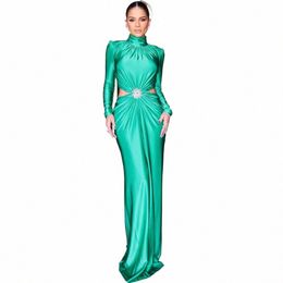 aenyrst Saudi Arabia Sexy Satin Mermaid Prom Dres High Collar Pleated Split Bodyc Evening Gowns Floor Length Party Dr s4Vg#