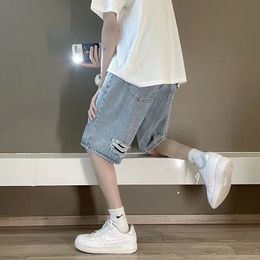 Korean Summer Mens Wide Leg Denim Shorts Solid Colour Fashion Ripped Jeans Casual Simple Straight Light Blue Male Short Jeans 240314