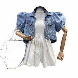 women Short Denim Jacket Autumn Puff Sleeve Crop Top F5Kl#