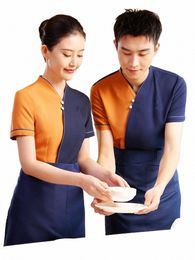 restaurant Work Service Women's Restaurant Special Waiter Worker Uniform Chinese Hotel Hot Pot Shop Short Sleeve Patchwork Shirt M1we#