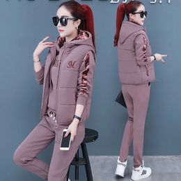 Womens Autumn Winter Sweat Suit Fashion Casual Plush Thickened Hooded Tops Waistcoat Pink Pants 3 Three Piece Set For Women 240323