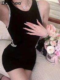 Casual Dresses Fashion Halter Cut-out Diamond Waist-Baring Sexy Dress Women 2024 Summer Round Neck Sleeveless Beaded Waist Black