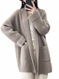 women Clothing Cmere Cardigan Middle Length Tops V-neck Woolen Sweater Loose Wool Knitted Coat Autumn Winter Sweater Jacket i0gq#