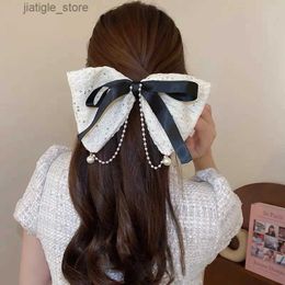 Hair Clips Bow Hair Clip Pink Black Ponytail Barrettes For Women Sweet Ponytail Hairpin Winter Pearl Tassel Hair Clip Fashion Headwear Y240329