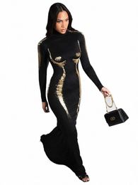 autumn Winter Y2K Print Turtleneck Bodyc Black Evening Party Maxi Dr Outfits for Women Elegant Lg Sleeve Dres Vestido m6Yi#