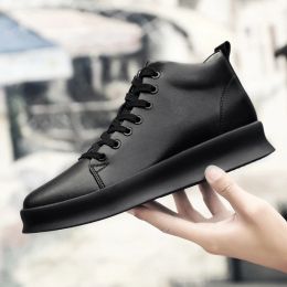 Shoes High quality all Black Men leather casual shoes Increase Simple Pure Black Sneakers Fashion Breathable Sneakers Heightening shoe