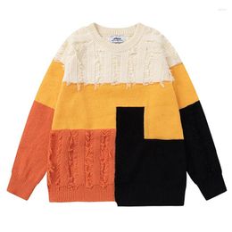 Men's Sweaters Vintage Streetwear Hit Colour Simple Broken Irregular Splicing Sweater For Men Oversized O Neck Furry Knitted Pullovers Women