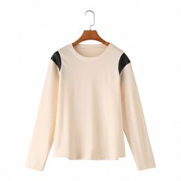 basic Thermal T-Shirt Womens Plus Size Autumn Winter Casual Clothing Lg Sleeve Tees Leather Patchwork Shoulder Tops 398h#