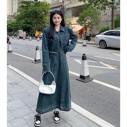 Work Dresses Denim Two-piece Set For Women Short Jacket Tops And Long Sling Dress Female Spring Autumn Blue Large Size Casual Matching Suits