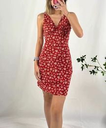 Ladies Deep V Neckline V Back Silk Sleeveless Floral Printed Short Mini Dress