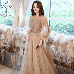 Casual Dresses YOSIMI-Khaki Mesh Flower Embroidery Full Dress For Women A-line Ball Gown Long Sleeve Wedding Birthday Party Summer