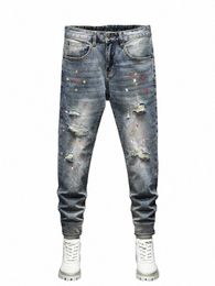 vintage Cargo Korean Style Men's Skinny Jeans with Ripped Holes and Paint Splatters Cowboy Hip Hop Streetwear Denim Trousers Man 93Sf#