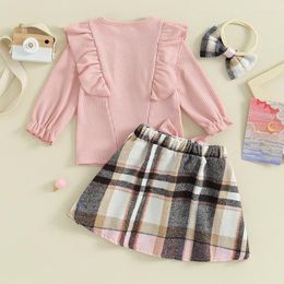 Clothing Sets Toddler Baby Girl Outfit Rib Flare Sleeve Shirt Campus Style Plaid Skirt Set Ruffle Bow Headband Winter Clothes