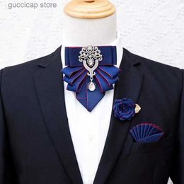 Bow Ties Original White Rhinestone Bow Tie Brooch Set for Men Women British Korean Formal Dress Collar Flowers Bowtie Pocket Towel Pins Y240329