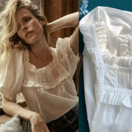 Sweet French Lace Little Shirt American Pastoral Square Neck Loose Bubble Sleeve Shirt Women's Summer White Short Top