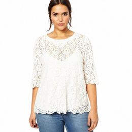 plus Size Elegant Fi Lace Blouse Women Solid White Quarters Sleeve Butt Back Spring Office Casual Top T-shirt 6XL 7XL 8XL d4oI#