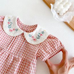 Engepapa Summer Infant Clothes Baby Girl Rompers Doll Collar Cute Bodysuit Embroidery Grid Jumpsuits Sweet Toddler Clothing