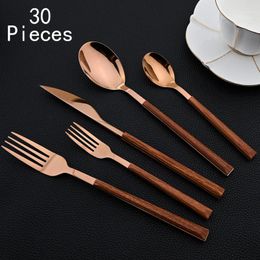 Flatware Sets 30Pcs Tableware Western Stainless Steel Knife Fork Spoon Dinnerware Cutlery Set Imitation Wooden Handle Silverware