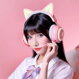 GS510 Pink Cat Ear Headphones with RGB LED Light Flexible Mic Gaming Headset 7.1 Surround Computer Earphones for PC Gamer Gift