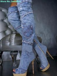 Peep Toe Denim Over The Knee Boots Patchwork Platform Zipper Thin High Heel Custom Made Classic Women Autumn Winter Boots Blue