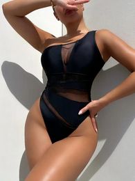 Women's Swimwear One Piece Bikinis Bathing Suit Sexy Monokini Mesh Perspective Single Shoulder Beachwear Black Swimsuit Biquini