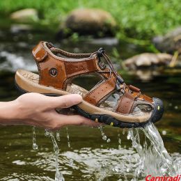 Estate vera pelle classica sandali sportivi uomini uomini ferite casual leggere romane maschio morbida scarpe da spiaggia romano.