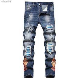 Men's Jeans Mens flame printed bicycle jeans street clothing crack pleated patches work patches elastic denim pants bullet holes thin tapered TrousersL2403