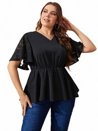 gibsie Plus Size Butterfly Sleeve V Neck Peplum Top Blouse Women Summer 2023 Black Elegant Street Office Ladies Casual Blouses 95z7#