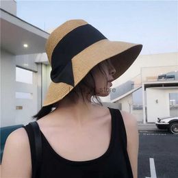 Wide Brim Hats Bucket Foldable Classic Black Ribbon Bow Straw For Girls Summer Adjustable Panama Caps Outdoor Beach Visors Hat H240330