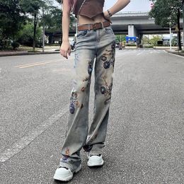 Women's Jeans Wide Leg Pants Women 2024 Autumn Skinny Denim Pearls 3D Flower Embroidery Long Trousers