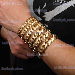 Bangle 10mm-22mm wide Hip Hop Bling Gold Color Round Miami Curb Cuban Link Chain Bracelets for Men Rapper Jewelry Drop Shipping T240330