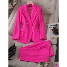 Womens Two Piece Pants Tracksuit Women Ladies Formal Blazer And Pant Suit Female Pink Jacket Trouser Business Work Wear 2 Set Drop Del Dhrlg